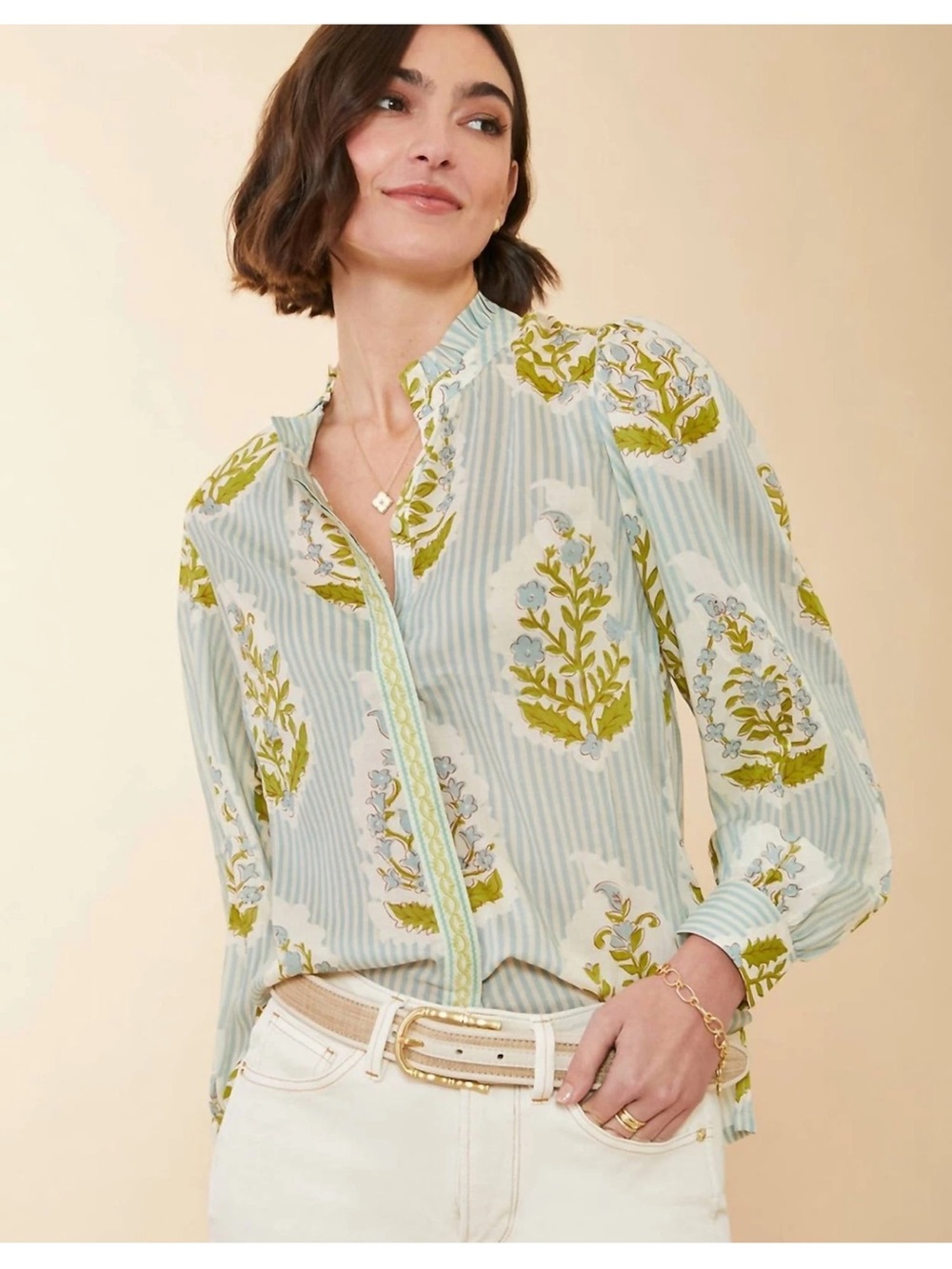 Spartina 449 Laurita Floral Motif Light Green Surf Blouse Button-Front
